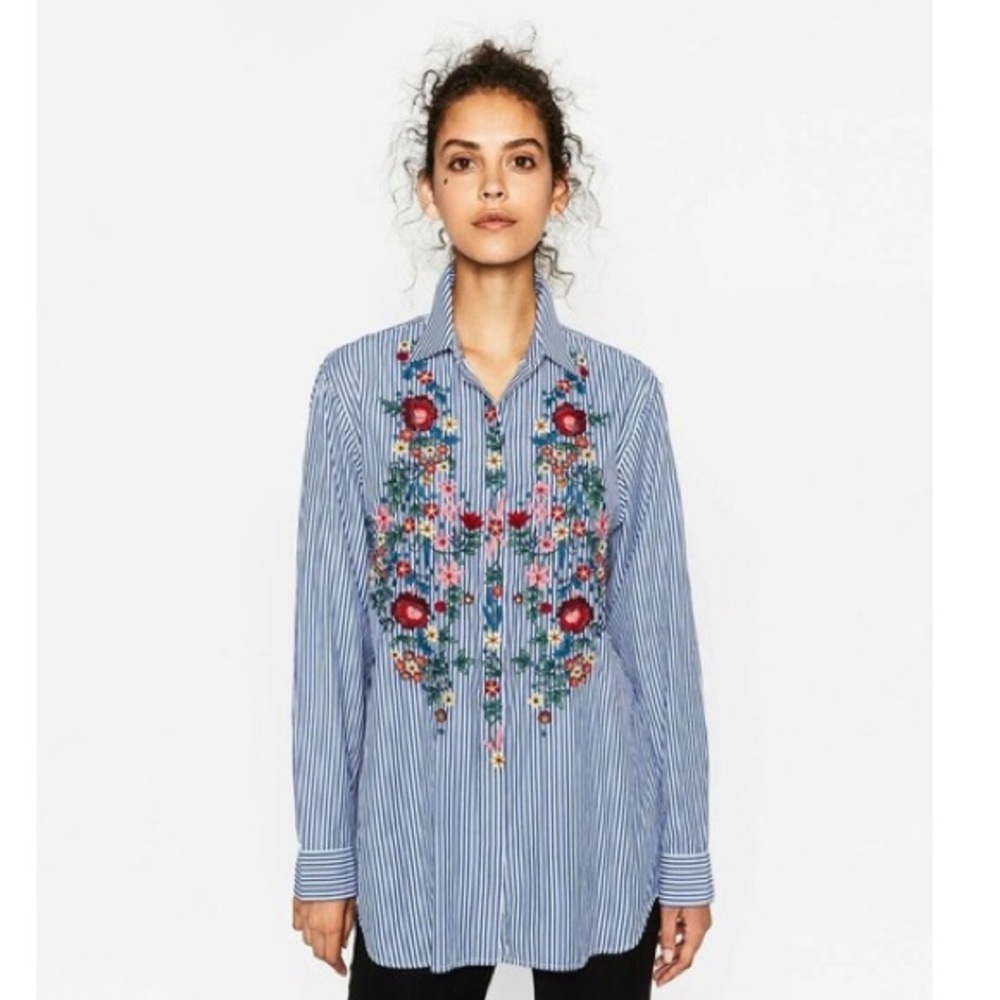 Zara Button Embroidered Floral Top